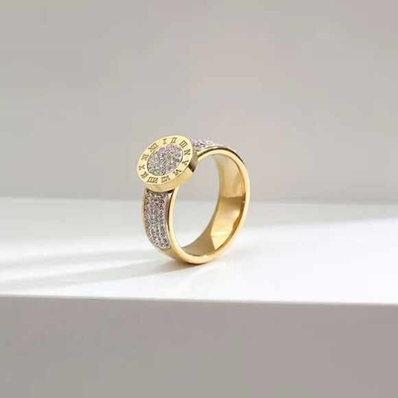 Stainless Steel 14K Gold Plated Numerals Inlaid Lab Diamond Luxury Ring Size 7 - Picture 4 of 15
